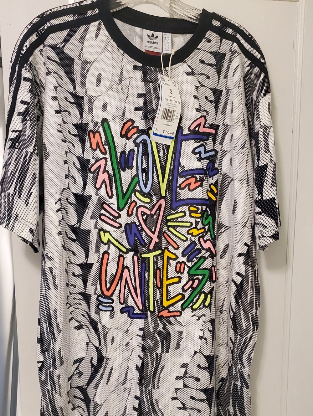 adidas Kids Black White Graphic Tee with Multicolor Neon Print